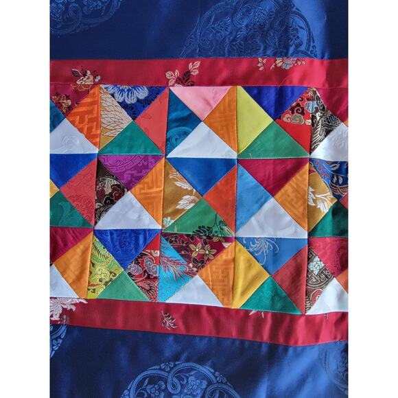 Silk Multi Color Triangle Quilted Table Runner With Fringe Possibly Handmade 36" - Picture 3 of 13